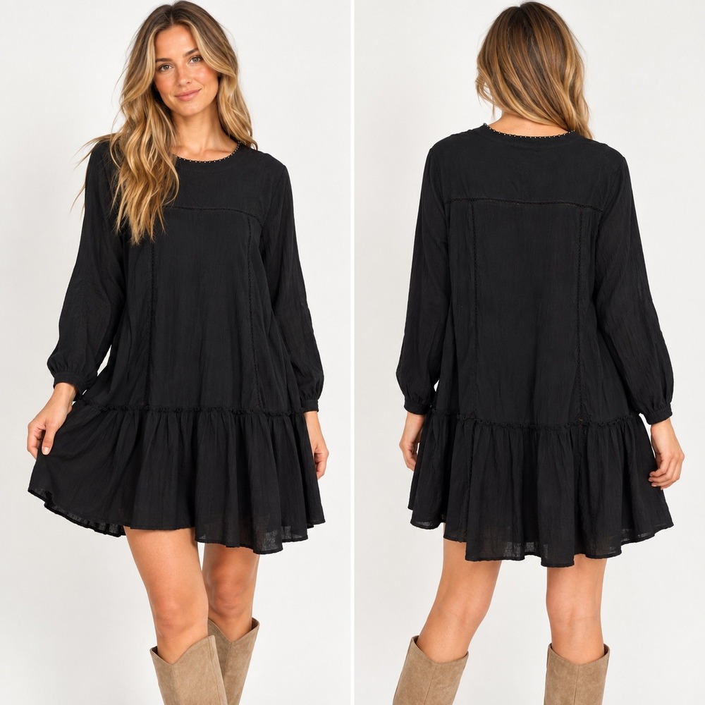 Pomander Place Black Cotton Gauze Tiered Mini Dress V-Neck Studded Y20649T M